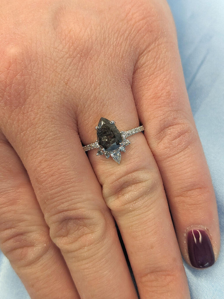 1.75 Carat Natural Black Diamond Ring | Solid Gold Pear cut Engagement Ring | Salt and Pepper Diamond Wedding Anniversary Ring
