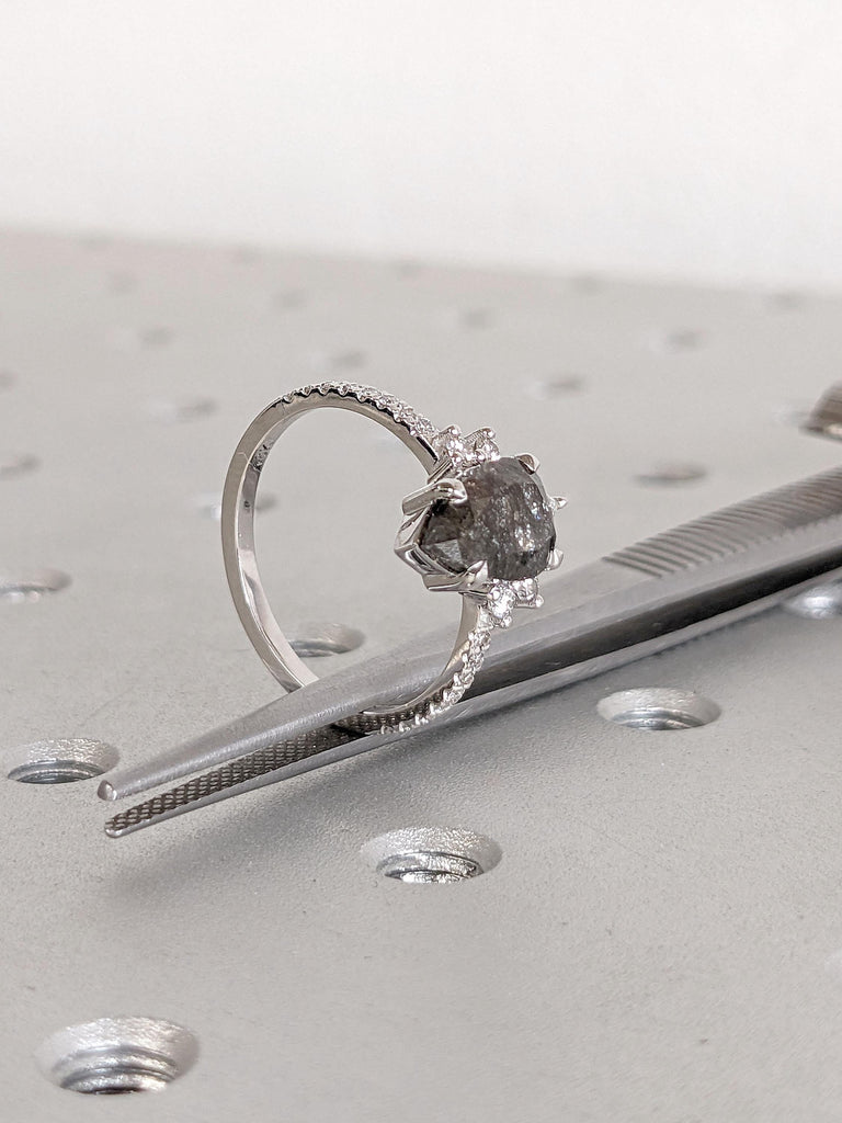Natural Grey Diamond Engagement Ring | 18k White Gold Unique Crown Shape Halo Diamond Ring | Pear cut Salt and Pepper Diamond Promise Ring