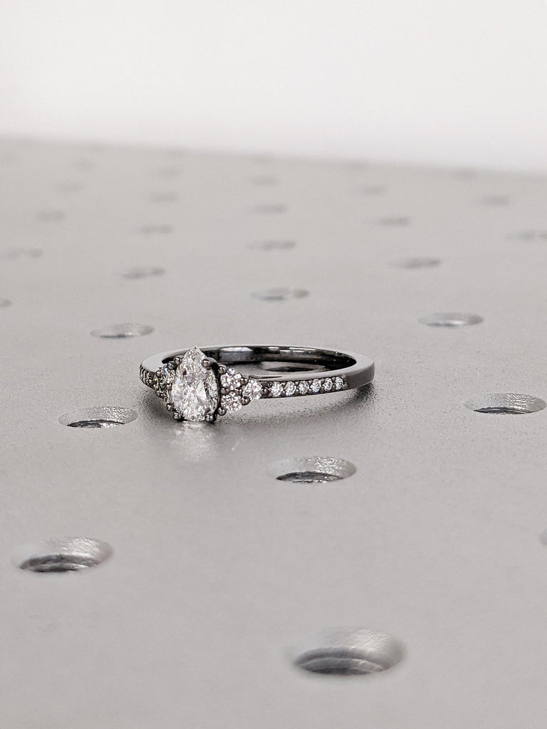 Pear Cut Moissanite Custom Engagement Ring, 14K Black Gold Cluster Round Pavé Diamond Wedding Band, Bridal Jewelry