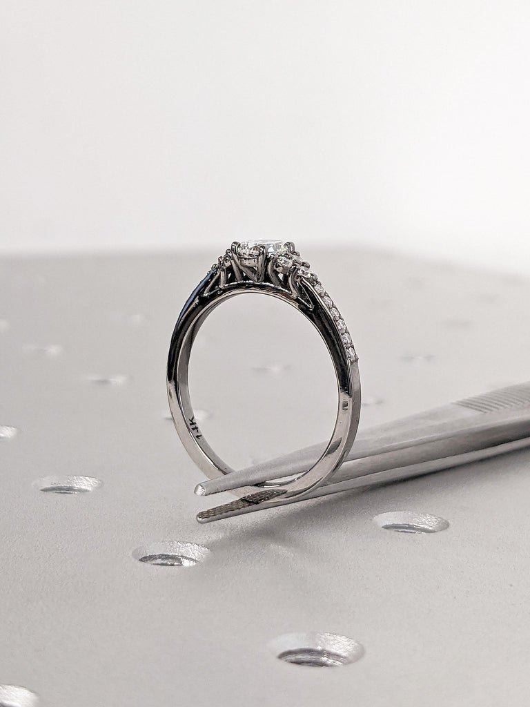 Pear Cut Moissanite Custom Engagement Ring, 14K Black Gold Cluster Round Pavé Diamond Wedding Band, Bridal Jewelry