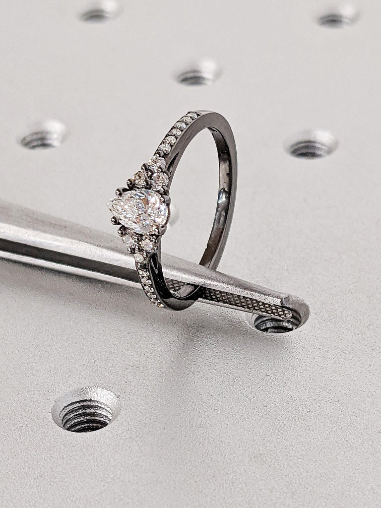 Pear Cut Moissanite Custom Engagement Ring, 14K Black Gold Cluster Round Pavé Diamond Wedding Band, Bridal Jewelry