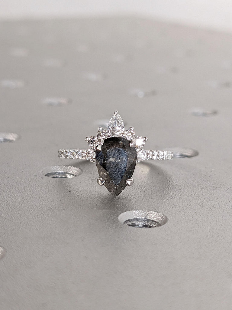 Natural Grey Diamond Engagement Ring | 18k White Gold Unique Crown Shape Halo Diamond Ring | Pear cut Salt and Pepper Diamond Promise Ring