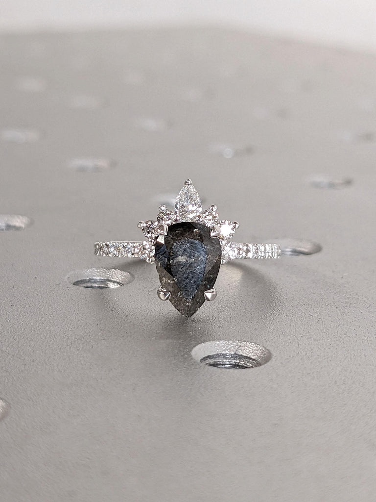 Natural Grey Diamond Engagement Ring | 18k White Gold Unique Crown Shape Halo Diamond Ring | Pear cut Salt and Pepper Diamond Promise Ring