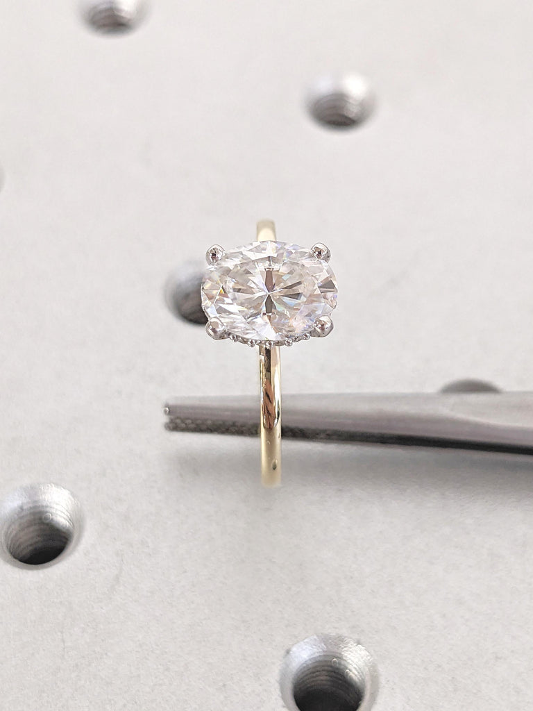 Lab Created Diamond Ring, Two Tone 14k Gold Engagement Ring, Oval Ring, Hidden Halo Ring