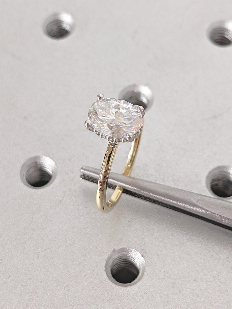 Oval Cut Lab Grown Diamond Engagement Ring, Vintage 14k Gold Solitaire Ring, Diamond Hidden Halo Ring, Two Tone Ring, Promise Ring for Her