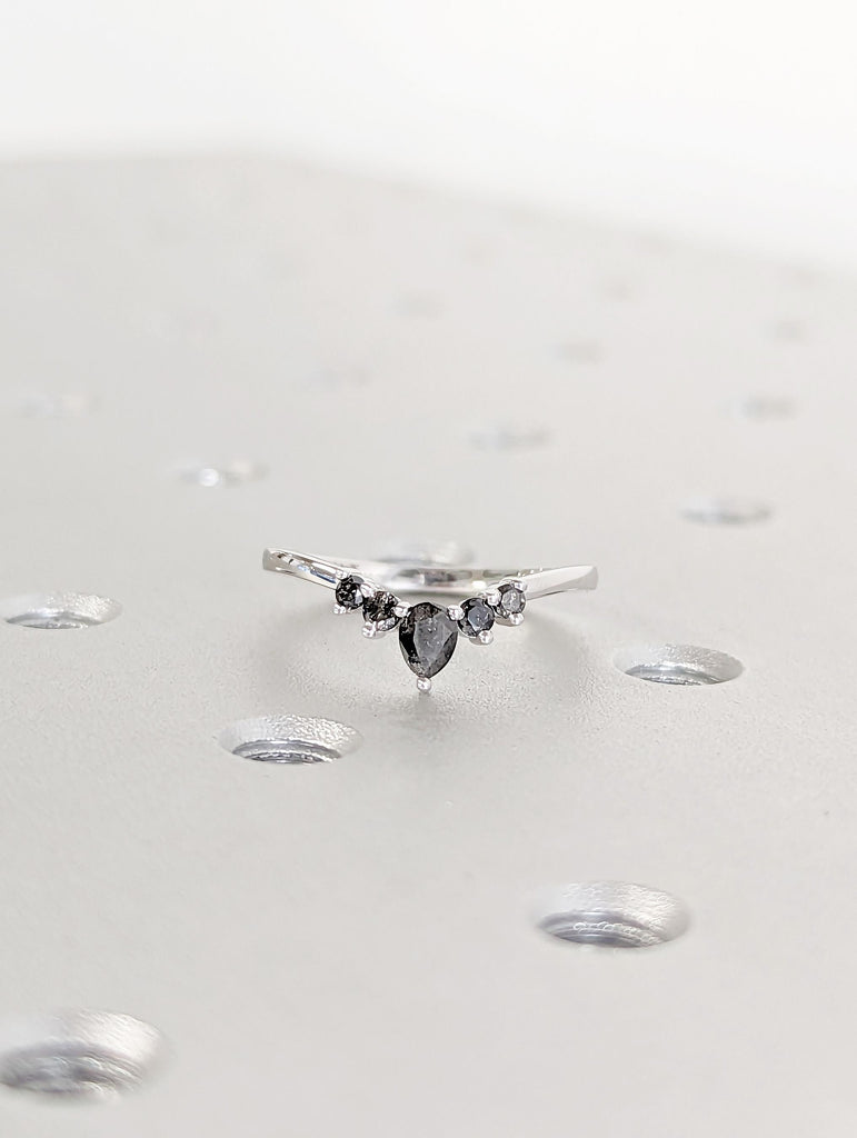 Salt and Pepper Diamond Wedding Band: Pear and Round Prong Set Dainty Art Deco Half Eternity Ring