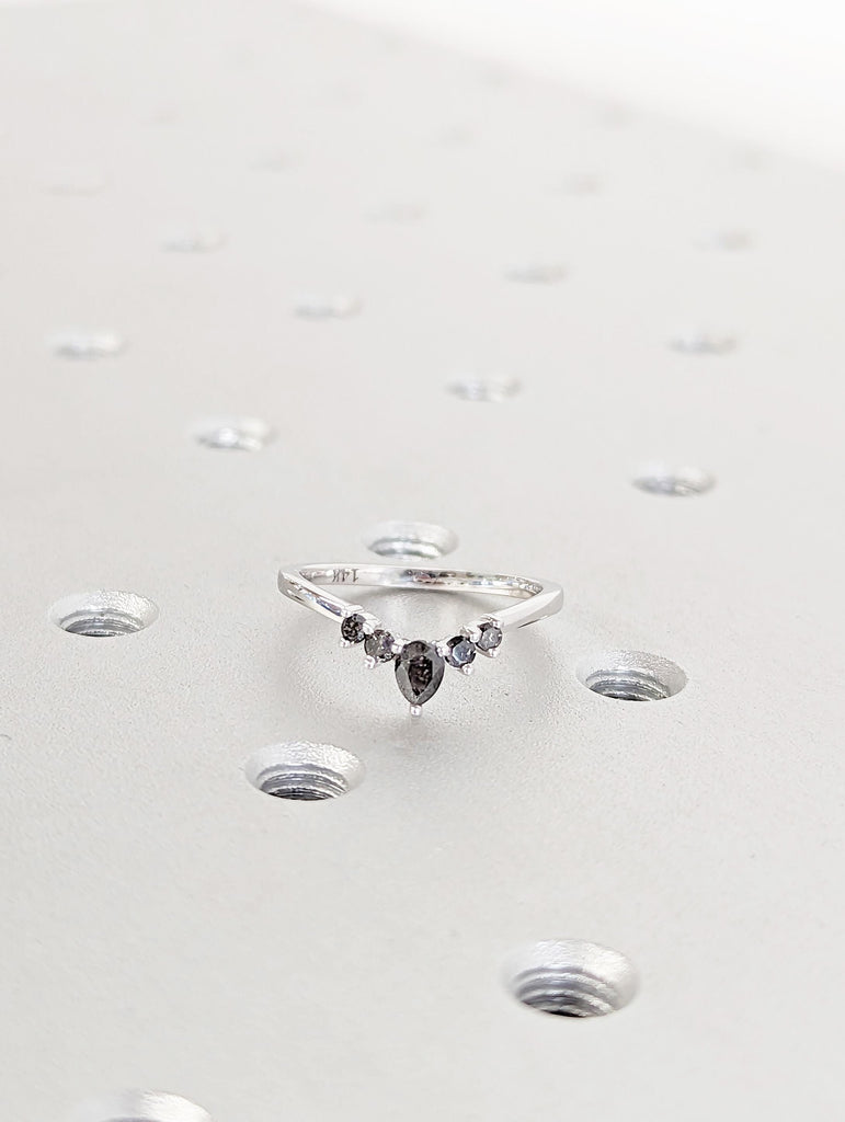 Salt and Pepper Diamond Ring Wedding Band | 14K White Gold Dainty Ring | Unique Diamond Stackable Ring | Vintage Art Deco Half Eternity Band
