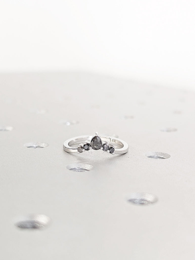 Salt and Pepper Diamond Ring Wedding Band | 14K White Gold Dainty Ring | Unique Diamond Stackable Ring | Vintage Art Deco Half Eternity Band