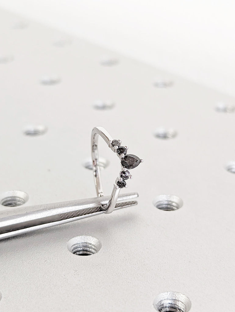 Salt and Pepper Diamond Wedding Band: Pear and Round Prong Set Dainty Art Deco Half Eternity Ring