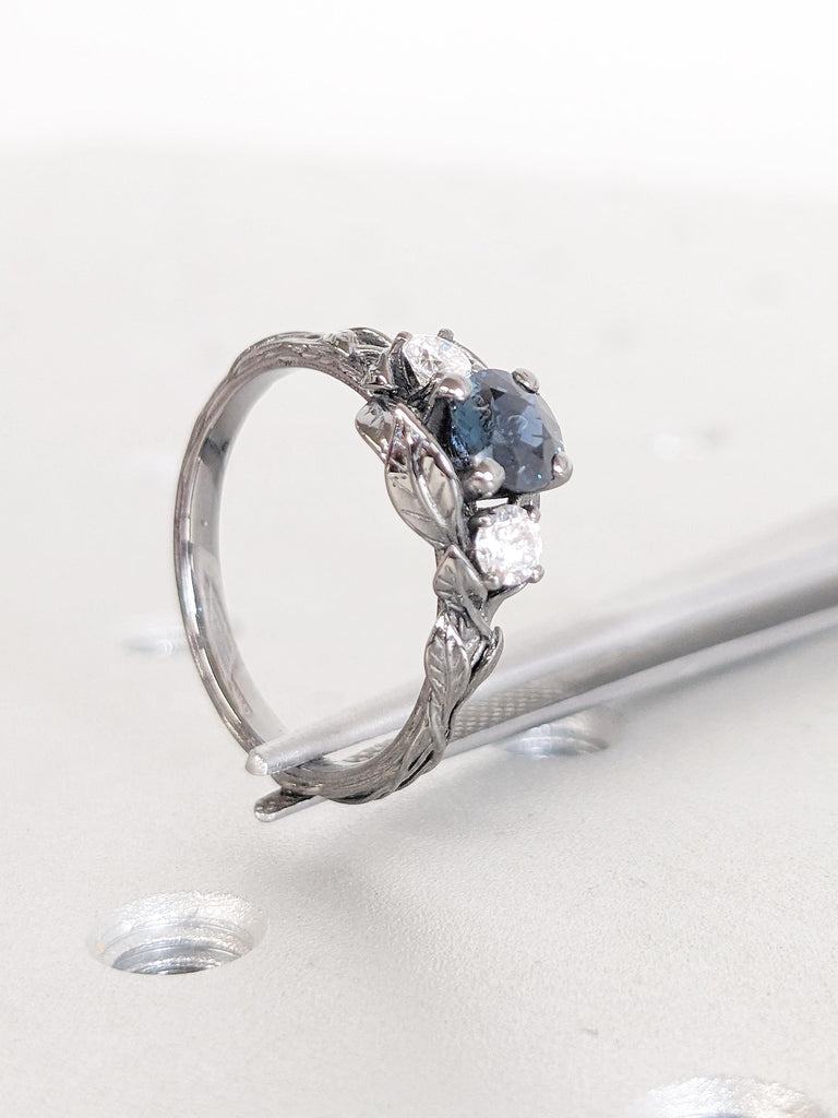 Natural Montana Sapphire Engagement Ring, 14k Black Gold Promise Ring, Nature Inspired Ring, Blue Green Sapphire Ring, Art Deco Floral Ring