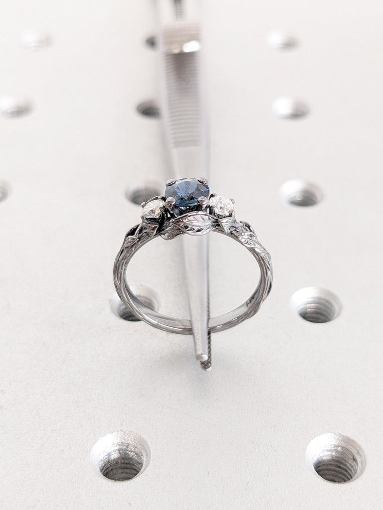 Three Stone Nature Inspired Ring, 14k Black Gold Engagement Ring, Round Peacock Sapphire Ring