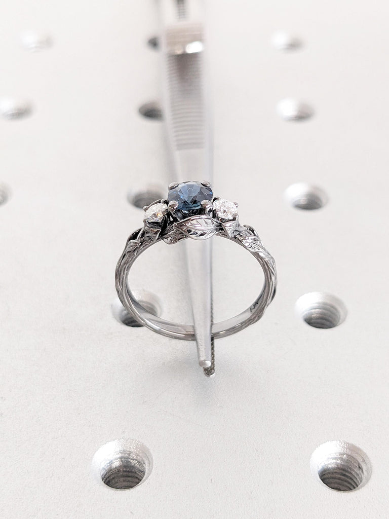 Natural Montana Sapphire Engagement Ring, 14k Black Gold Promise Ring, Nature Inspired Ring, Blue Green Sapphire Ring, Art Deco Floral Ring