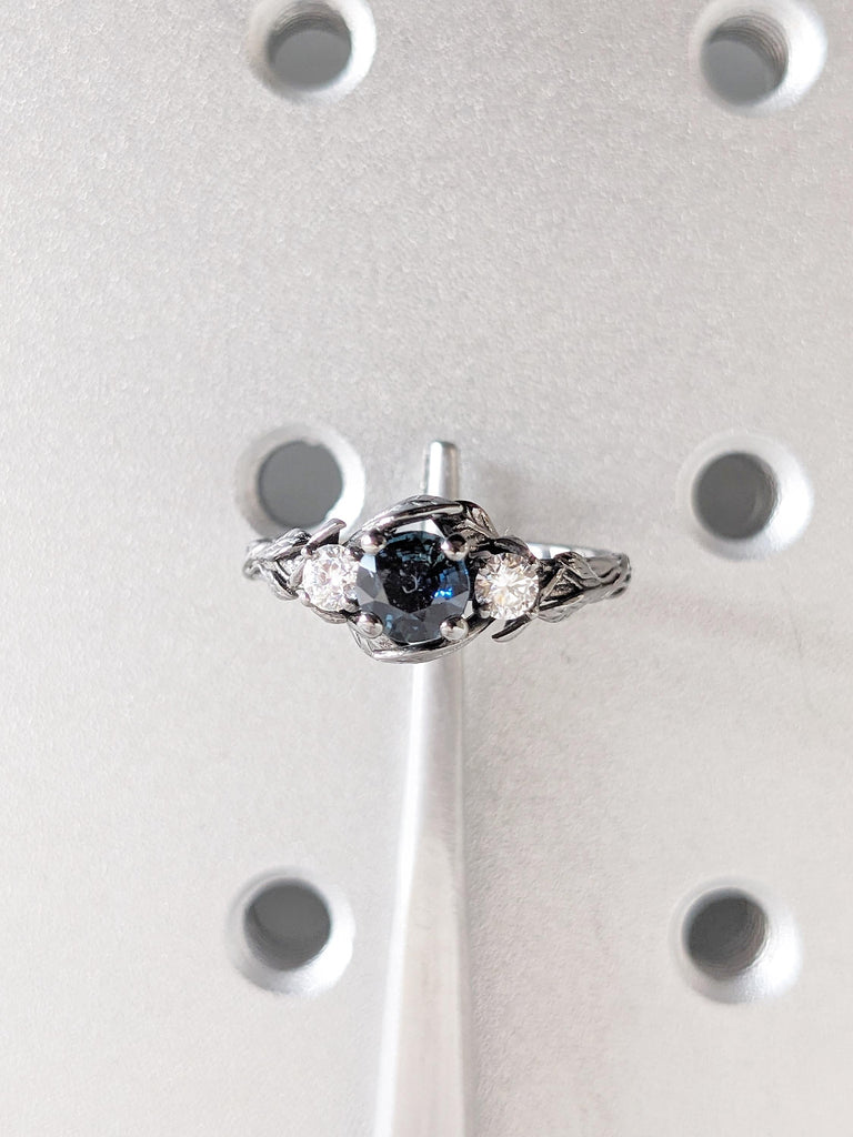 Three Stone Nature Inspired Ring, 14k Black Gold Engagement Ring, Round Peacock Sapphire Ring