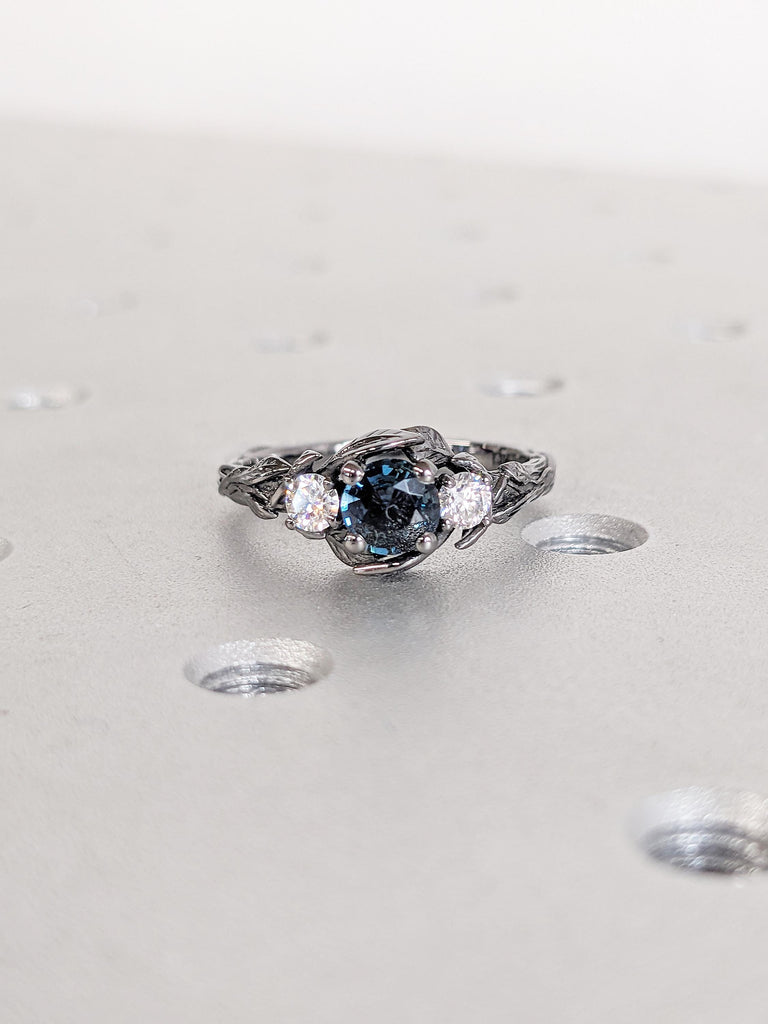 Natural Montana Sapphire Engagement Ring, 14k Black Gold Promise Ring, Nature Inspired Ring, Blue Green Sapphire Ring, Art Deco Floral Ring