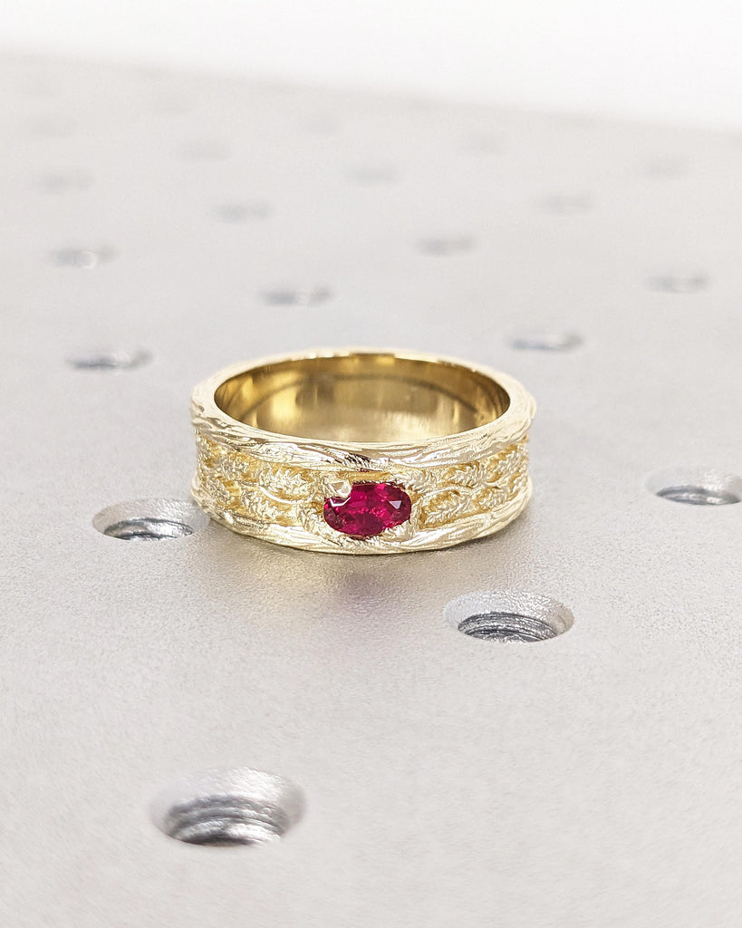 Art Deco Ring for Men | Vintage 14k Gold Gemstone Ring | Oval Lab Ruby Mens Wedding Ring | Leaf Engraved Ring | Unique Birthday Gift for Dad