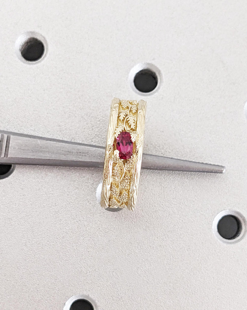 Art Deco Ring for Men | Vintage 14k Gold Gemstone Ring | Oval Lab Ruby Mens Wedding Ring | Leaf Engraved Ring | Unique Birthday Gift for Dad