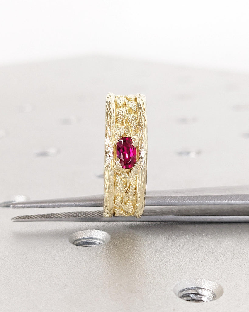 Art Deco Ring for Men | Vintage 14k Gold Gemstone Ring | Oval Lab Ruby Mens Wedding Ring | Leaf Engraved Ring | Unique Birthday Gift for Dad