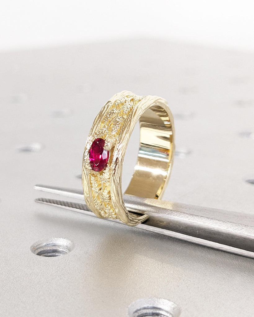 Art Deco Ring for Men | Vintage 14k Gold Gemstone Ring | Oval Lab Ruby Mens Wedding Ring | Leaf Engraved Ring | Unique Birthday Gift for Dad