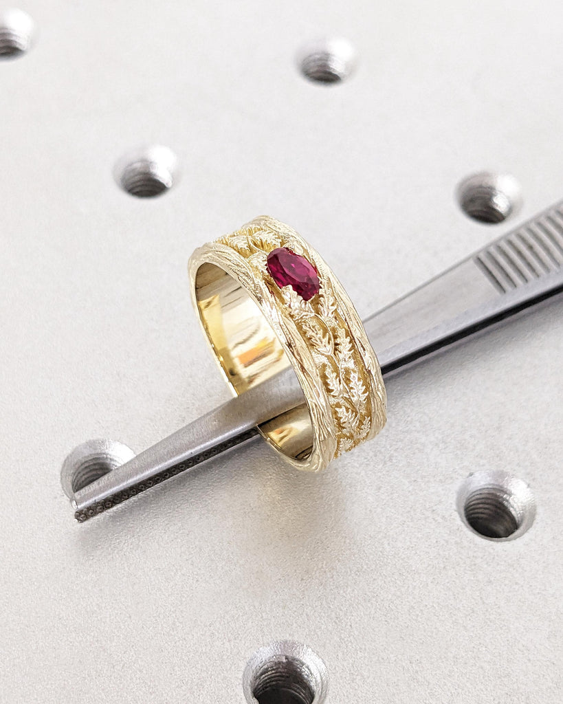 Art Deco Ring for Men | Vintage 14k Gold Gemstone Ring | Oval Lab Ruby Mens Wedding Ring | Leaf Engraved Ring | Unique Birthday Gift for Dad