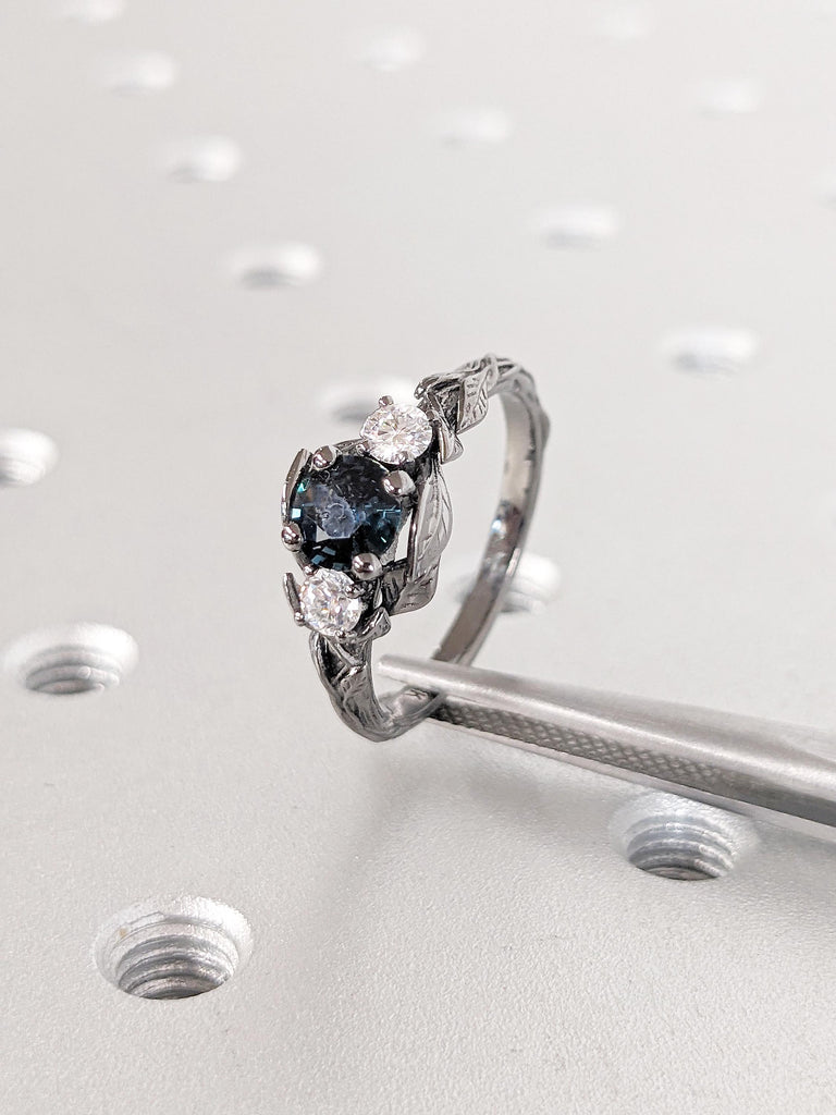 14k Black Gold Engagement Ring, Round Peacock Sapphire Ring