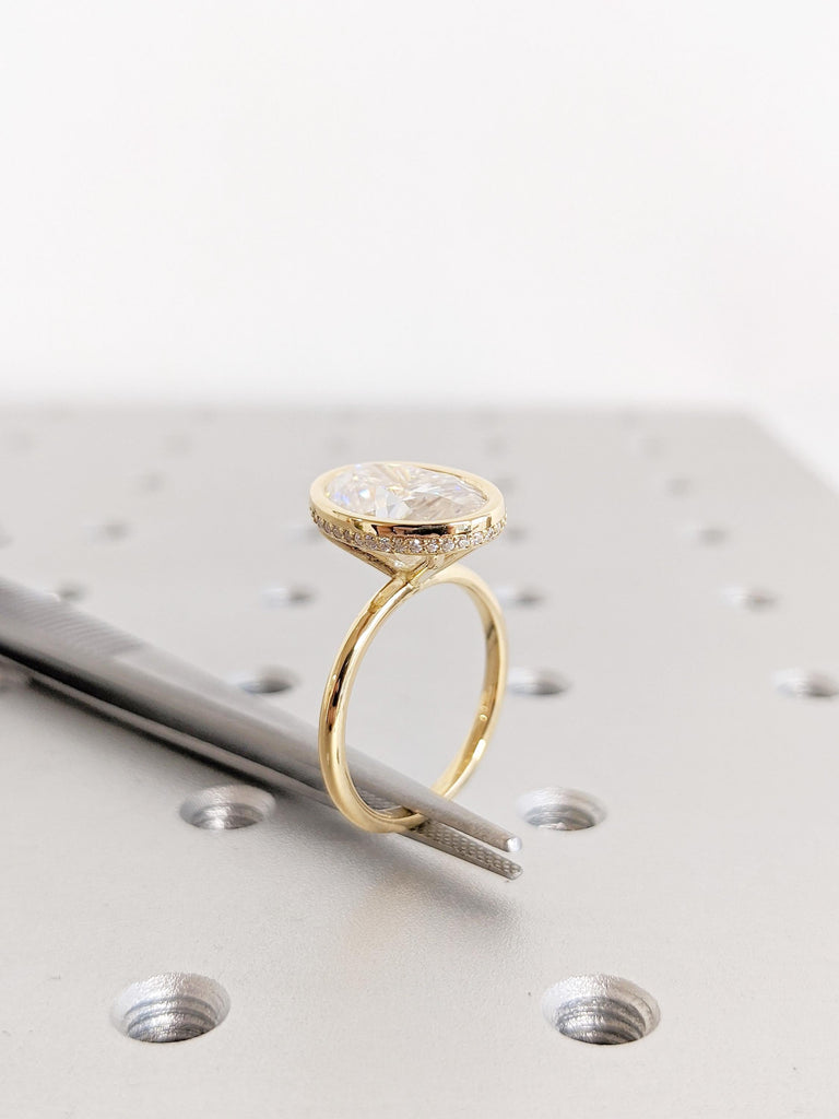 Oval Cut Moissanite Engagement Ring | 18K Yellow Gold Dainty Hidden Halo Wedding Ring | Bezel Set Art Deco Solitaire Moissanite Ring for Her