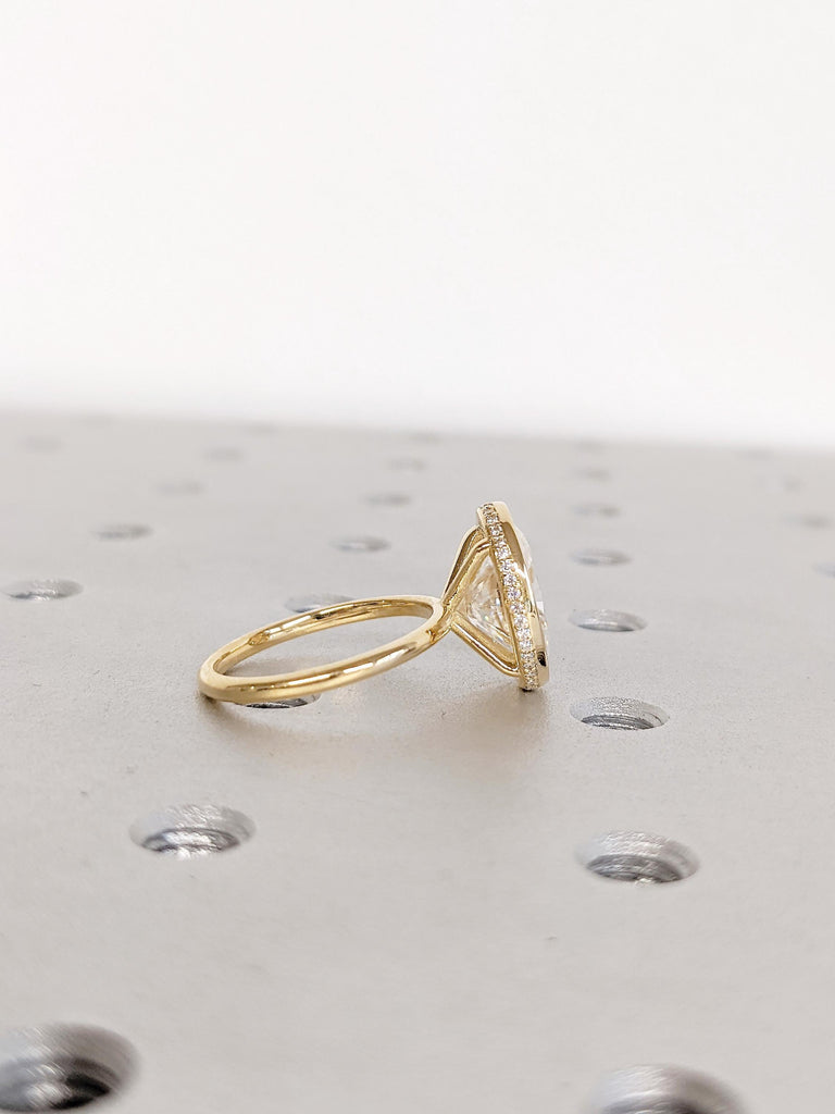 Oval Cut Moissanite Engagement Ring | 18K Yellow Gold Dainty Hidden Halo Wedding Ring | Bezel Set Art Deco Solitaire Moissanite Ring for Her