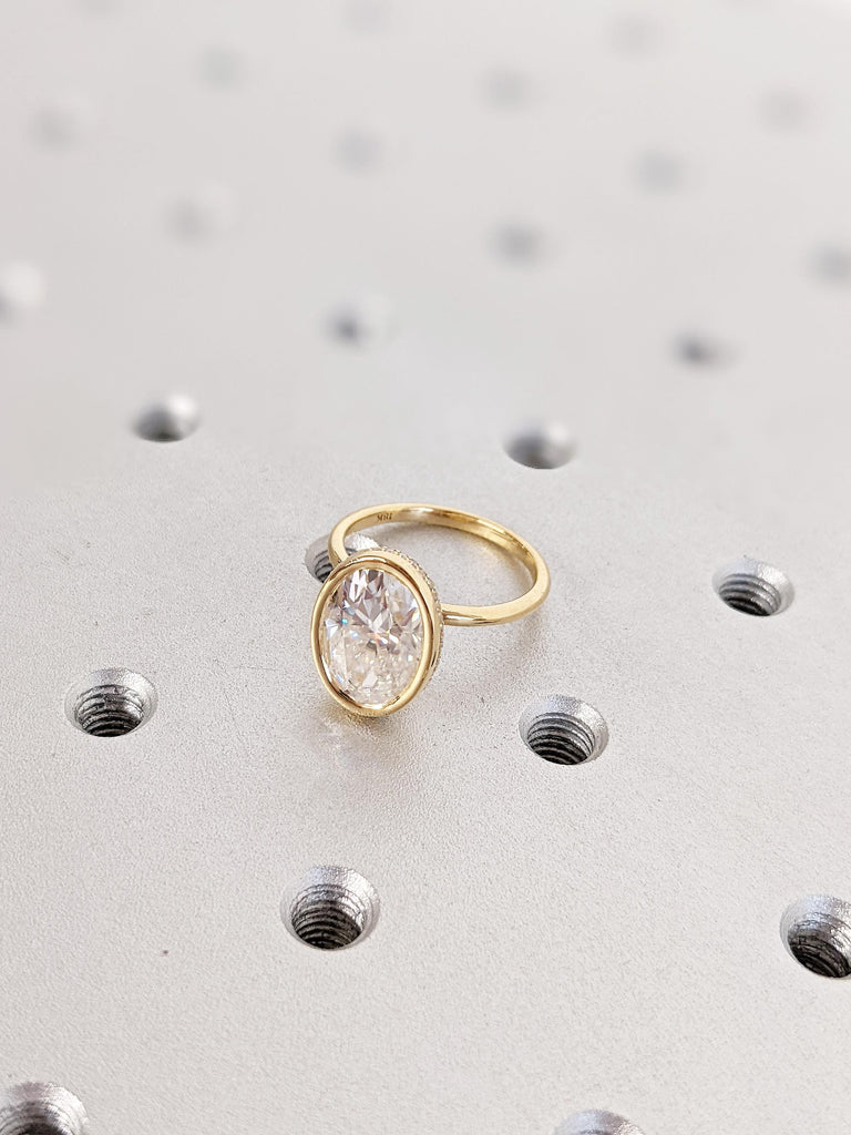 Oval Cut Moissanite Engagement Ring | 18K Yellow Gold Dainty Hidden Halo Wedding Ring | Bezel Set Art Deco Solitaire Moissanite Ring for Her