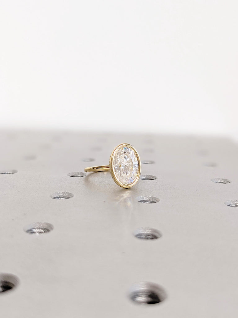 Oval Cut Moissanite Engagement Ring | 18K Yellow Gold Dainty Hidden Halo Wedding Ring | Bezel Set Art Deco Solitaire Moissanite Ring for Her