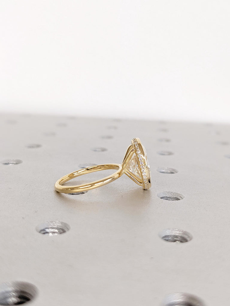 Modern Lab Grown Diamond Solitaire Engagement Ring, Oval Cut Lab Diamond Wedding Band in 18K Yellow Gold, Bezel Set Hidden Halo Bridal Ring