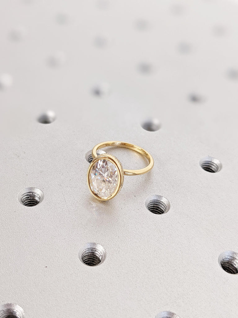 Modern Lab Grown Diamond Solitaire Engagement Ring, Oval Cut Lab Diamond Wedding Band in 18K Yellow Gold, Bezel Set Hidden Halo Bridal Ring