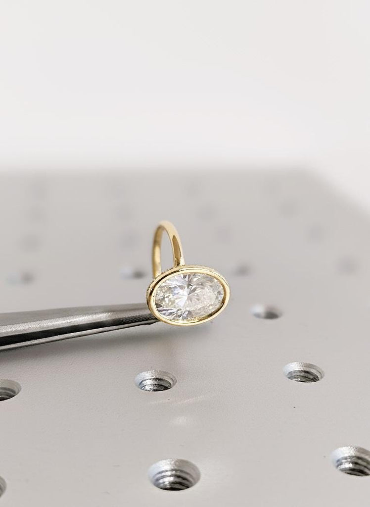 Oval Cut Moissanite Engagement Ring | 18K Yellow Gold Dainty Hidden Halo Wedding Ring | Bezel Set Art Deco Solitaire Moissanite Ring for Her