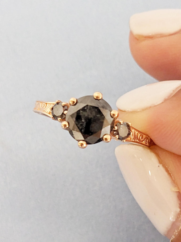 Round Salt and Pepper Diamond Ring, 14k Rose Gold Engagement Ring, 3 Stone Filigree Ring