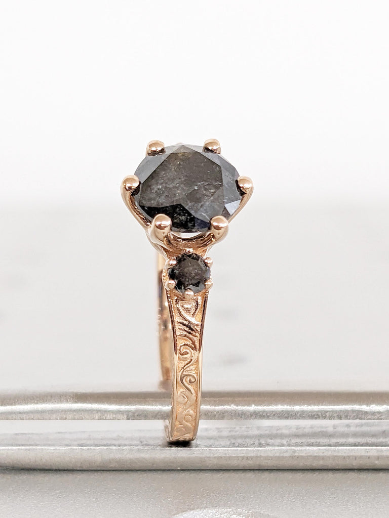 Round Salt and Pepper Diamond Ring, 14k Rose Gold Engagement Ring, 3 Stone Filigree Ring