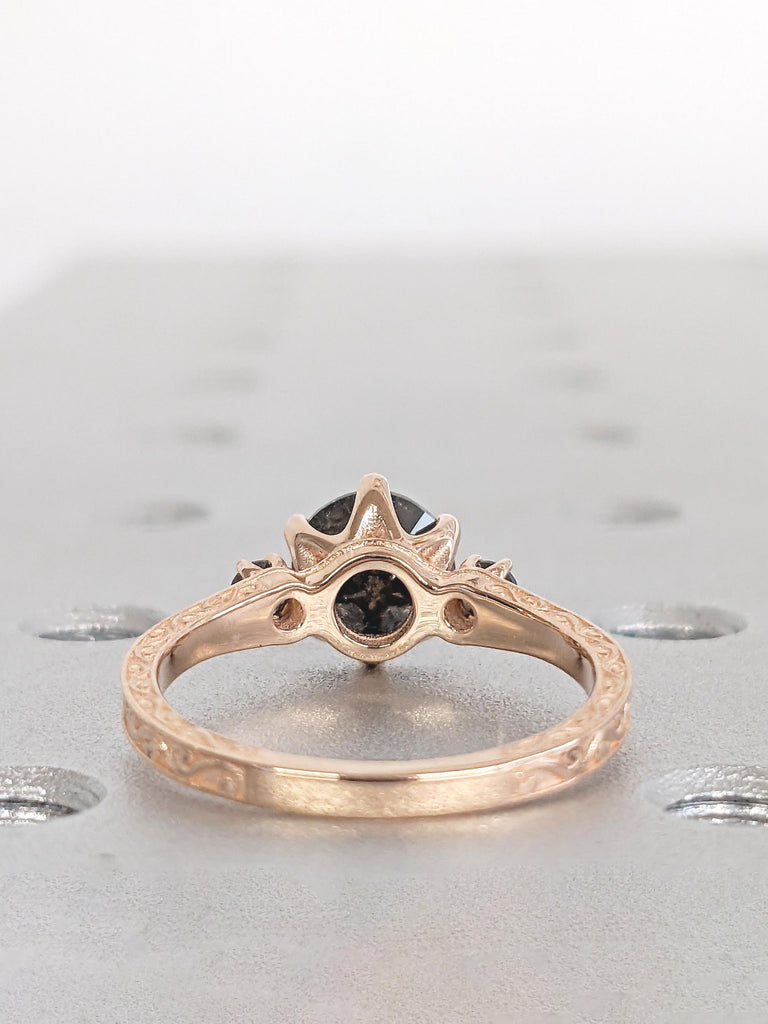 Round Salt and Pepper Diamond Ring, 14k Rose Gold Engagement Ring, 3 Stone Filigree Ring