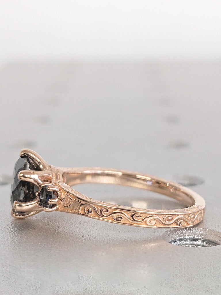 Round Salt and Pepper Diamond Ring, 14k Rose Gold Engagement Ring, 3 Stone Filigree Ring