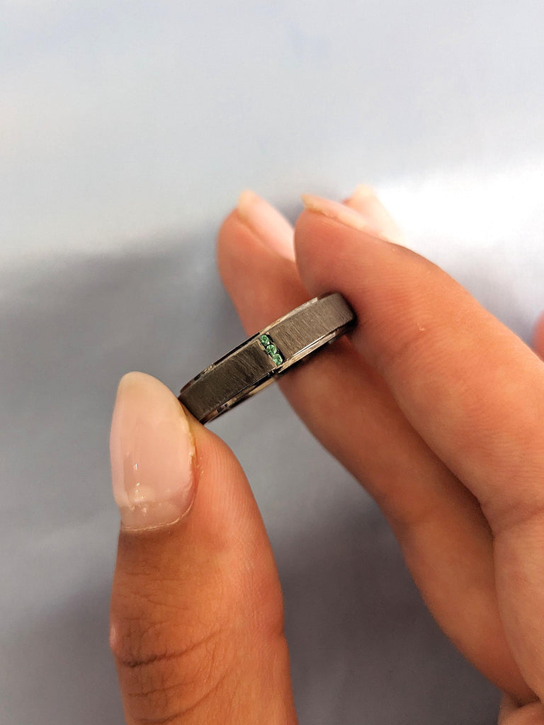 Brushed 14k Black Gold Emerald Wedding Band For Her | Emerald Gemstone Wedding Ring | Green Emerald Ring | May Birthstone Jewellery Gift