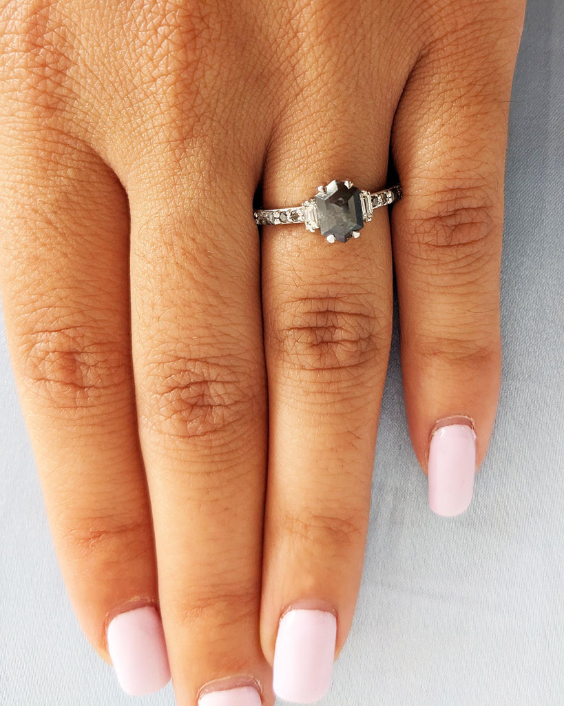 Hexagon Cut Diamond Engagement Ring: Vintage Style, Geometric Salt and Pepper Diamond Promise Ring, Baguette Diamond Accents, 18K White Gold