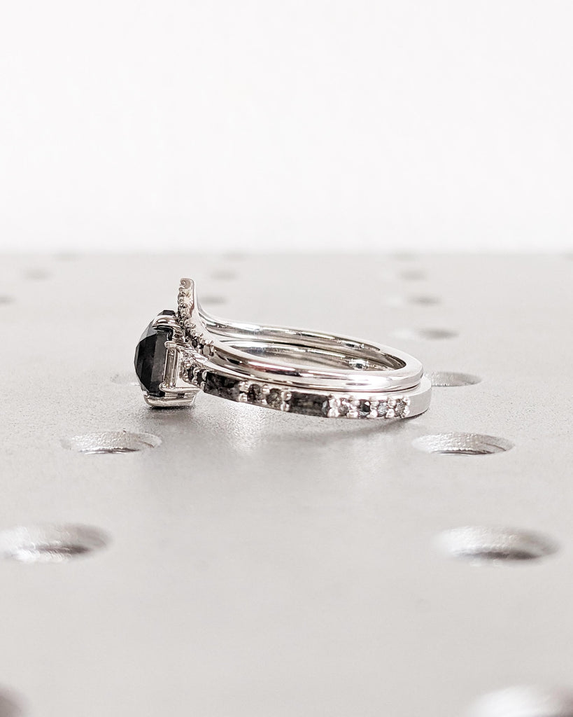 Hexagon Diamond Engagement Ring Set | Salt and Pepper Diamond Ring Bridal Set | Baguette Diamond Ring | Curved Wedding Band | 18K White Gold