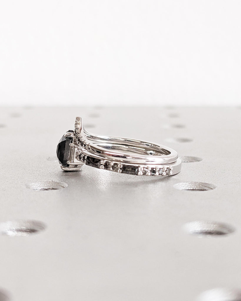 Hexagon Salt and Pepper Diamond Engagement Ring Set | Round & Baguette Diamond Accents | Stackable Curved Wedding Ring | 18K White Gold