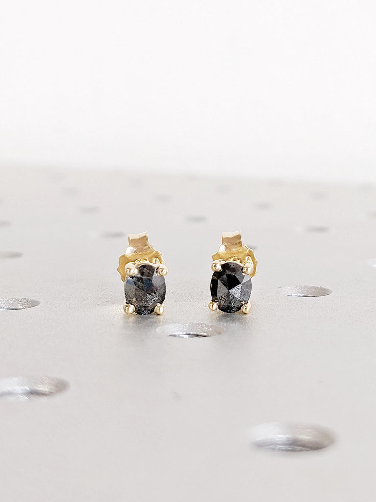 Salt and Pepper Diamond Stud Earrings: Oval Cut Prong Set, Minimalist Solitaire Design