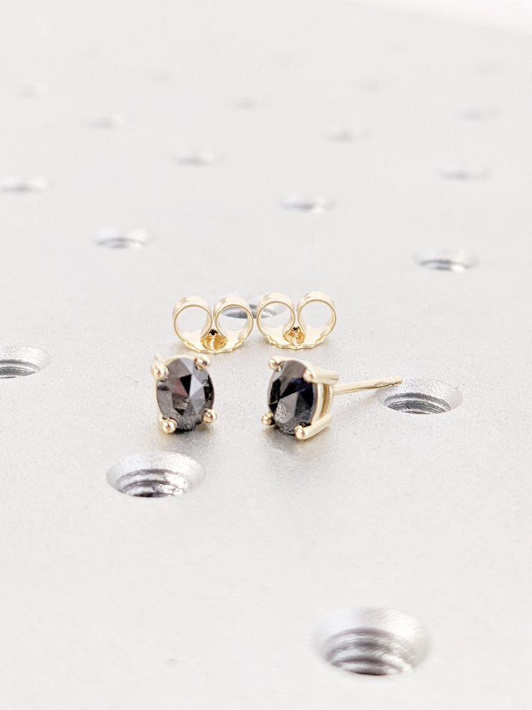 14K Yellow Gold Salt and Pepper Diamond Earring | Unique Diamond Oval Earring | Earring Studs Pair | Diamond Solitaire Minimalist Earrings