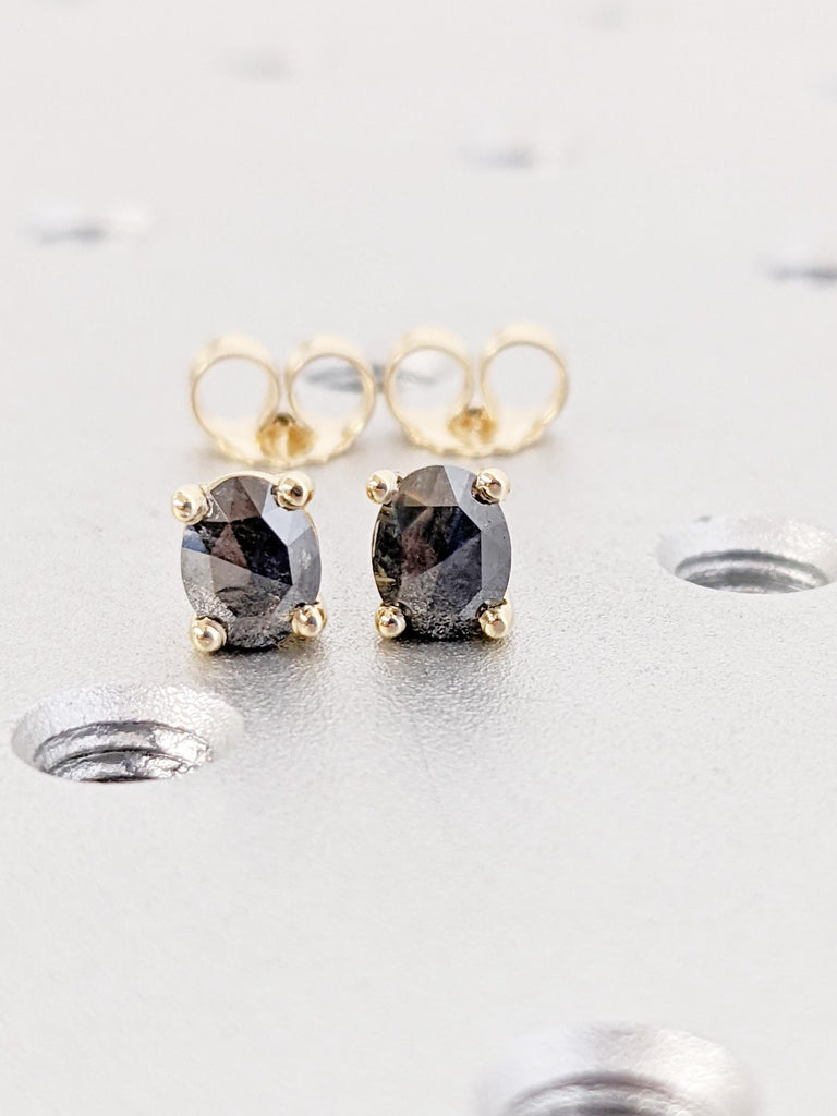 Salt and Pepper Diamond Stud Earrings: Oval Cut Prong Set, Minimalist Solitaire Design