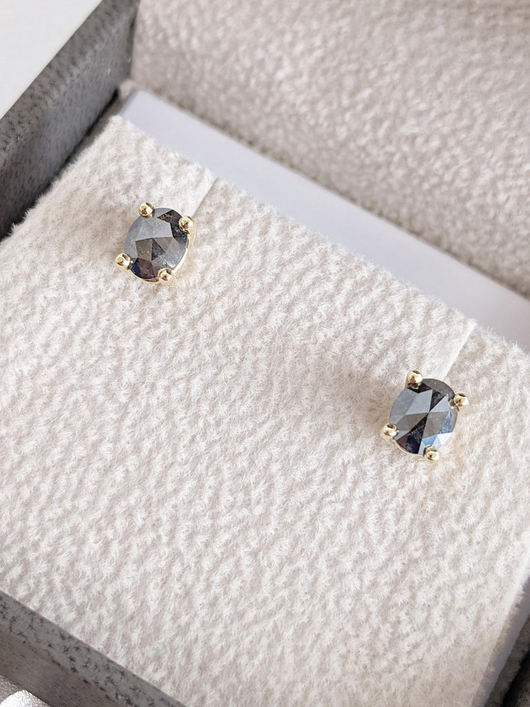 Salt and Pepper Diamond Stud Earrings: Oval Cut Prong Set, Minimalist Solitaire Design