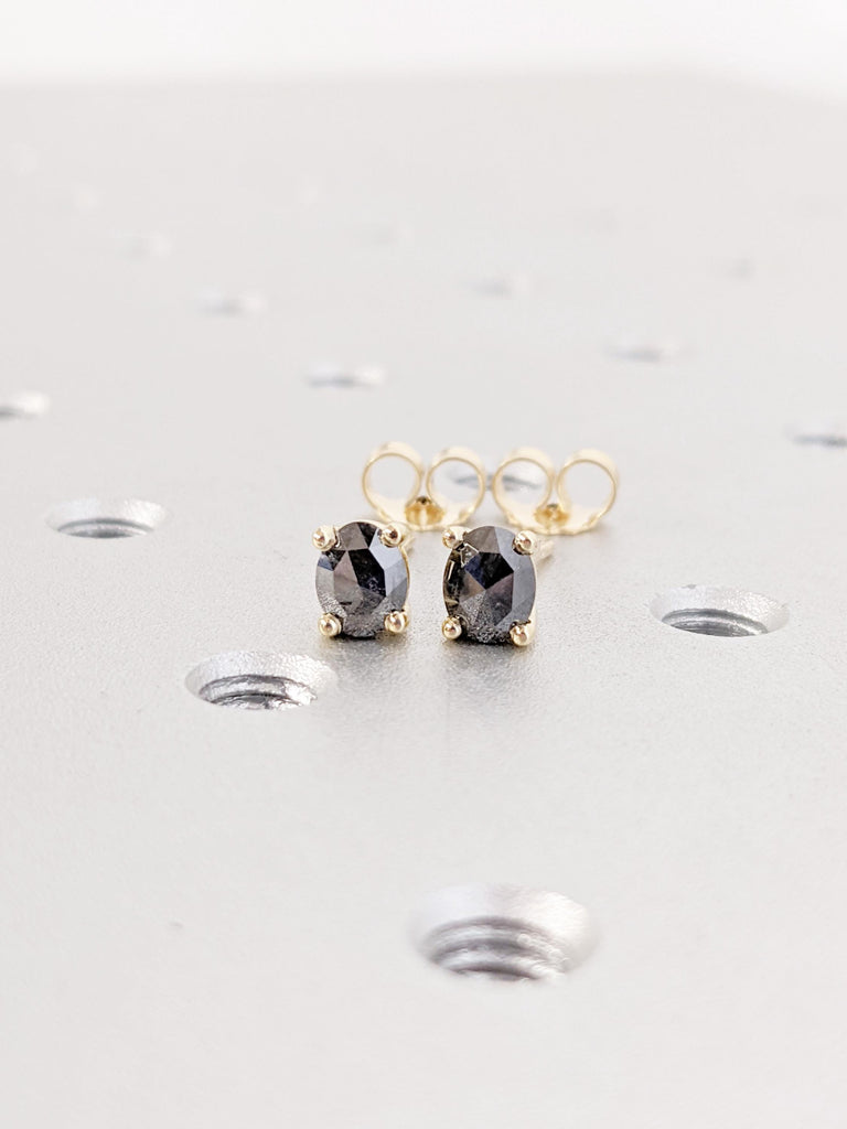 14K Yellow Gold Salt and Pepper Diamond Earring | Unique Diamond Oval Earring | Earring Studs Pair | Diamond Solitaire Minimalist Earrings