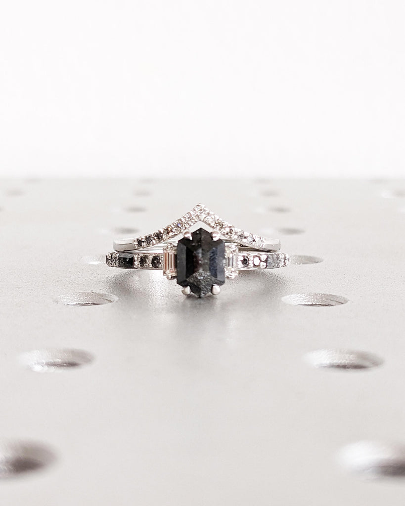 Hexagon Diamond Engagement Ring Set | Salt and Pepper Diamond Ring Bridal Set | Baguette Diamond Ring | Curved Wedding Band | 18K White Gold