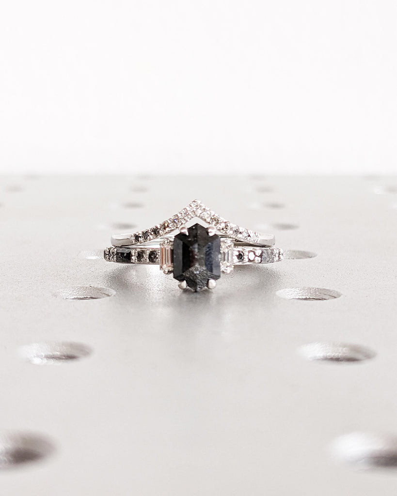Hexagon Salt and Pepper Diamond Engagement Ring Set | Round & Baguette Diamond Accents | Stackable Curved Wedding Ring | 18K White Gold
