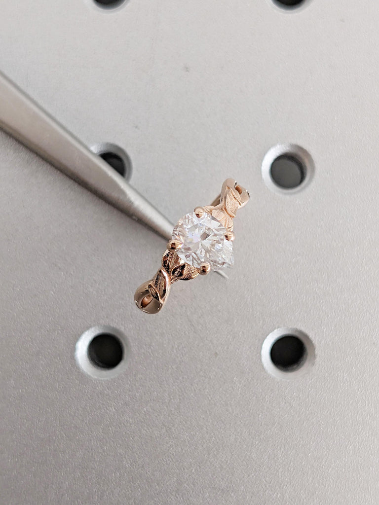 Lab Diamond Ring, Pear Engagement Ring, 14k Rose Gold Leaf Branch Wedding Ring