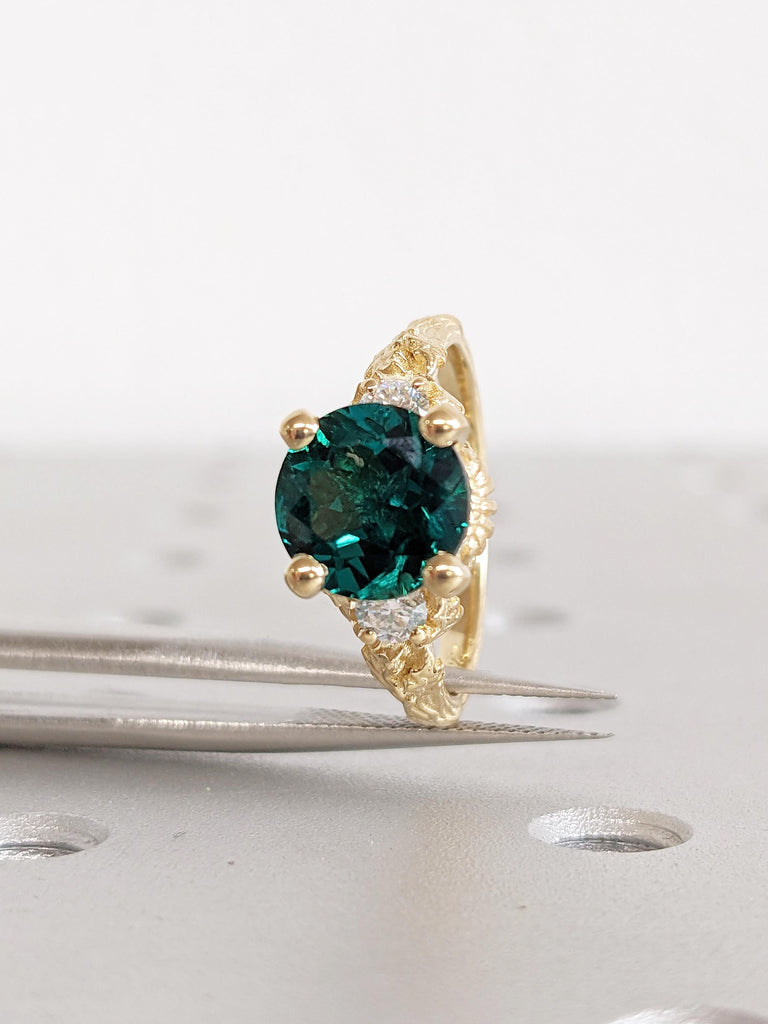 18k Solid Gold Engagement Ring, Round Lab Emerald Ring, Nature Jewelry, Green Gemstone Ring