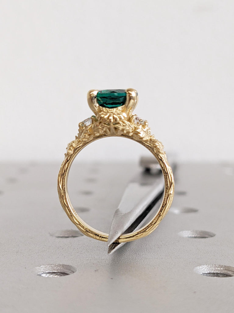 18k Solid Gold Engagement Ring, Round Lab Emerald Ring, Nature Jewelry, Green Gemstone Ring