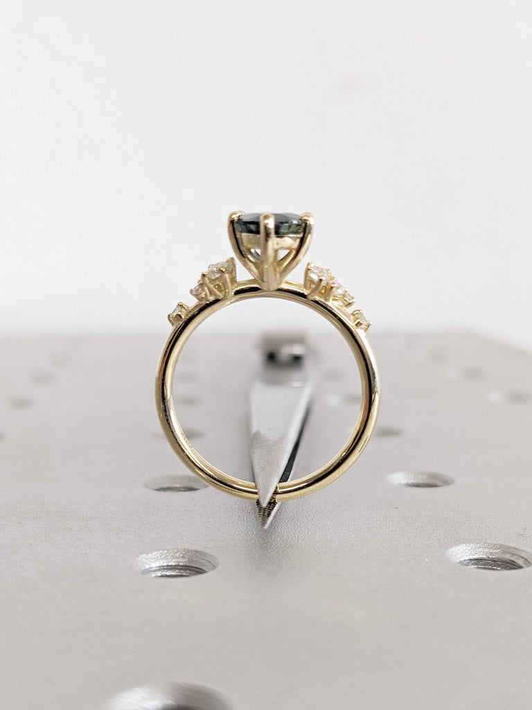 1.5ct Peacock Sapphire Ring, Oval Engagement Ring, Art Deco 14k Yellow Gold Diamond Cluster Anniversary Ring, Montana Sapphire Gemstone Ring